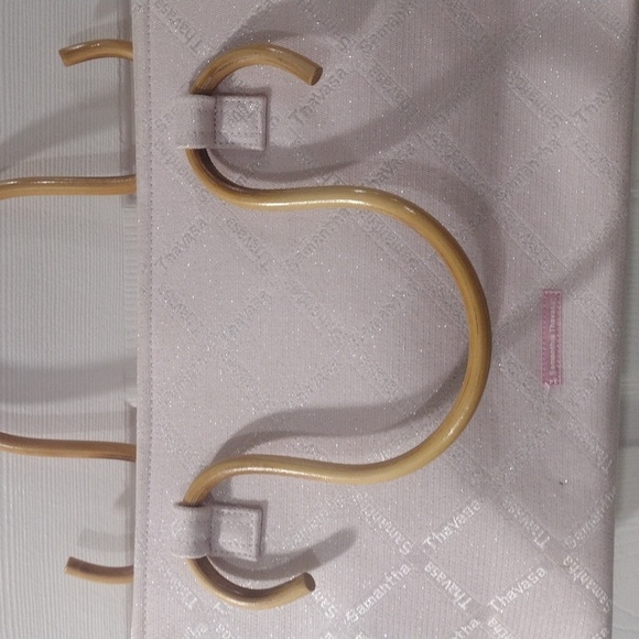 Samantha Thavasa Pink Quilted Tote Bag Handbag - Tan Wooden Handle - Like New - Picture 9 of 17